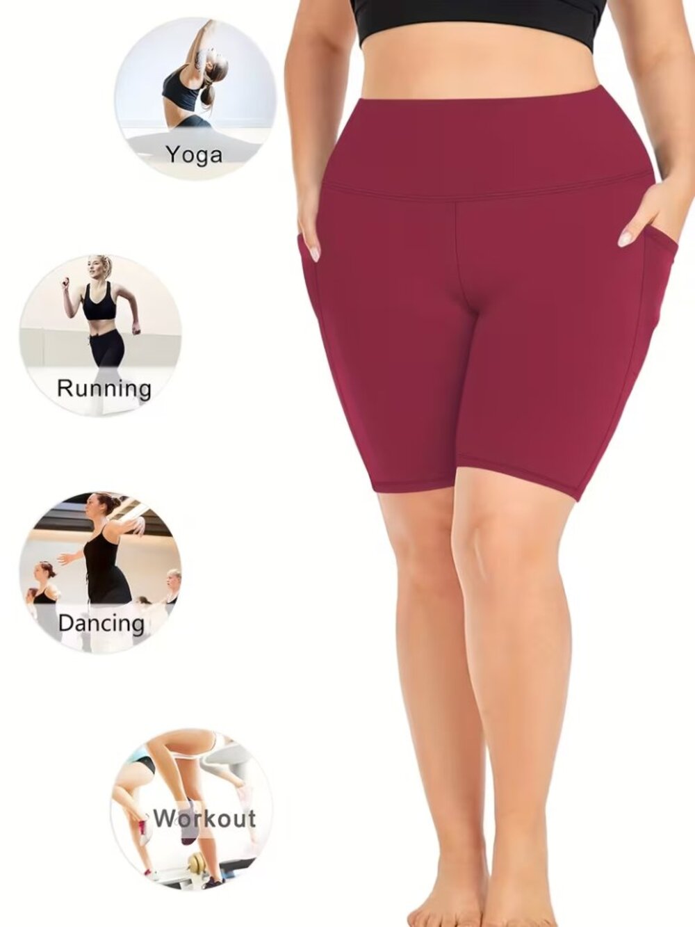 Women's Plus Super Soft Yoga Bike Shorts W/Pockets Red 2X-3X Workouts & Casual